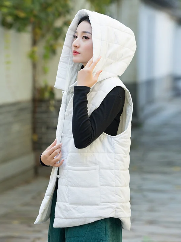 Simple Sleeveless Loose Keep Warm Cotton Quilted Solid Color Hooded Vest Outerwear