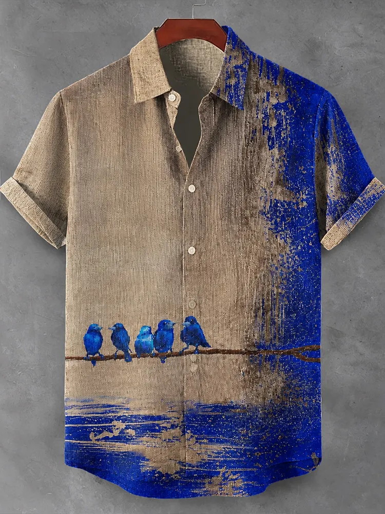 Men's Japanese-style Bird Resting On A Branch Art Print Casual Short-sleeved Shirt