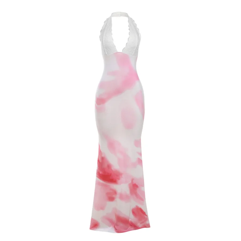 Ueong / Summer 2024 Women's New Fashion Color Print Neck Tie Show Slim V-Neck Dress