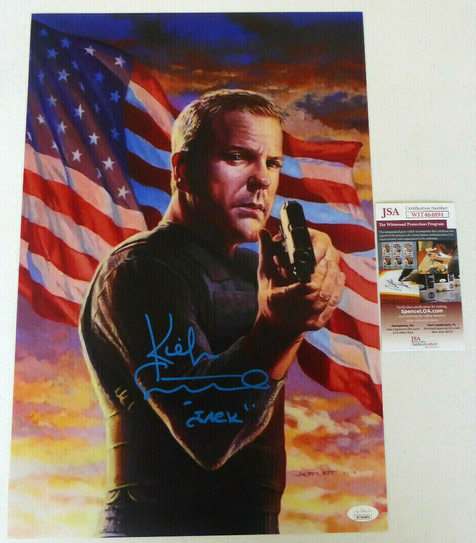 Kiefer Sutherland Signed 12x18 Photo Poster painting Autograph, 24, Jack Bauer, Flag, JSA COA