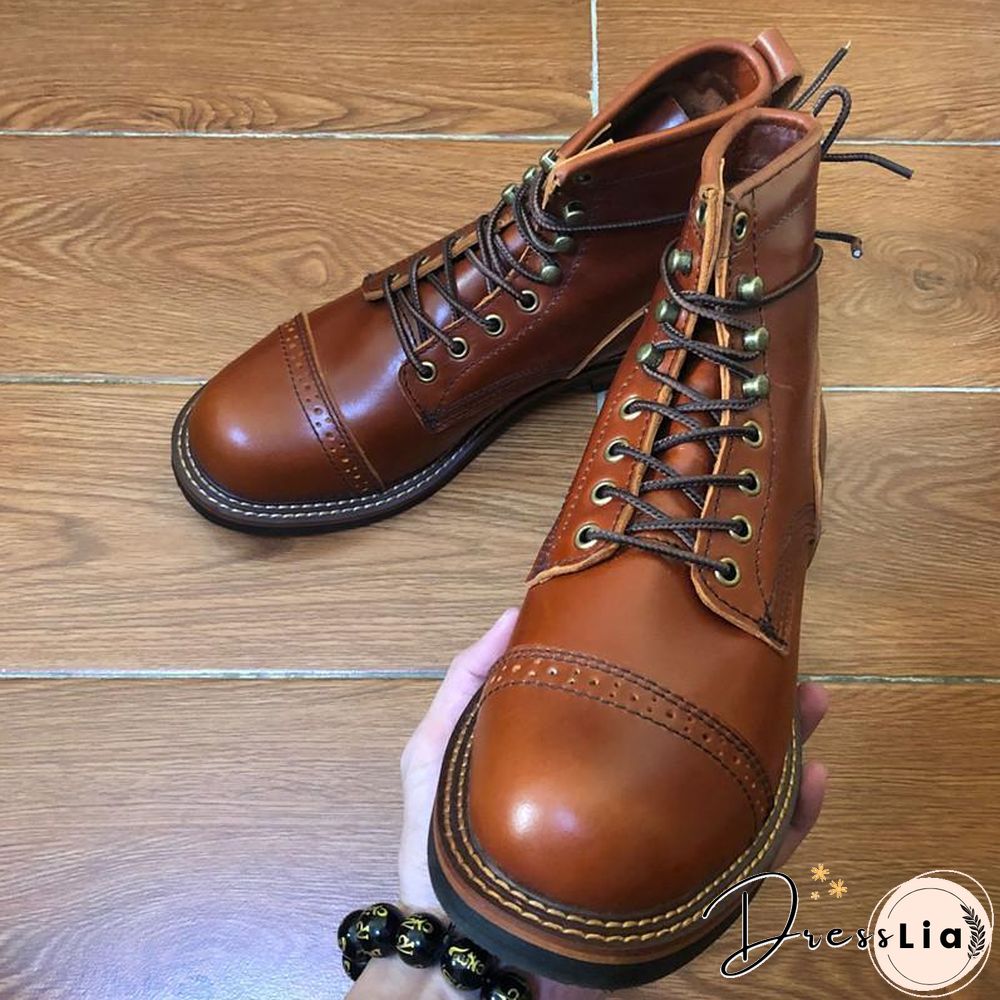 Genuine Genuine Leather Lace-Up Vintage High Quality Tooling White Ankle Boots Motorcycle Boots