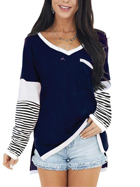 Women Long Sleeve V-neck Stitching Top