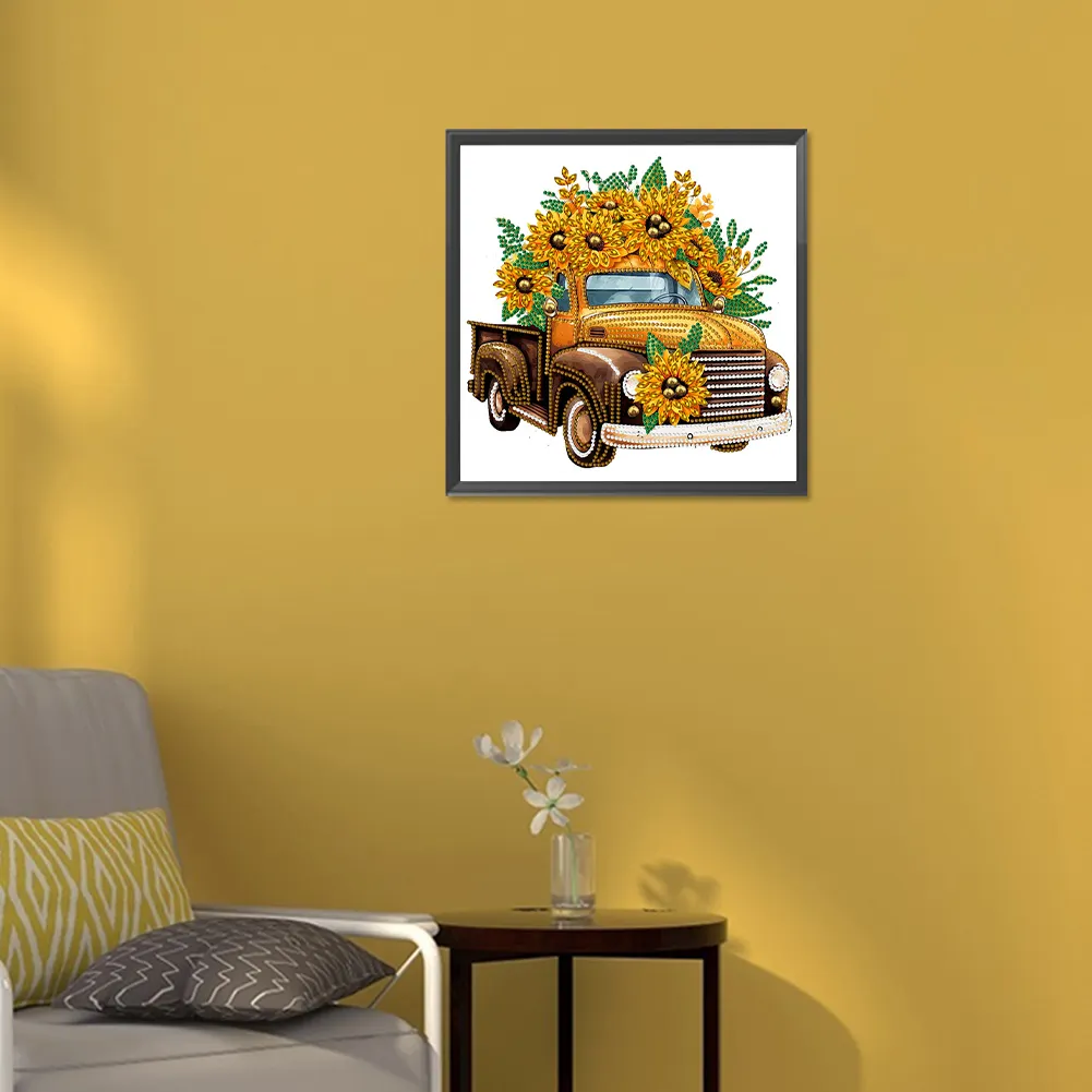 Diamond Painting - Partial Special Shaped Drill - Sunflower Classic Car(Canvas|30*30cm)