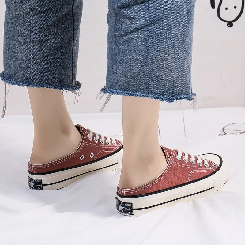 Female Half Slippers Lace Up Canvas Shoes Women's Summer Versatile Flats Slip-on Loafers No Heel Pregnant Women Vulcanized Shoes