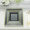 10 Pack | 7" Gold Trim Black Square Plastic Salad Dessert Plates