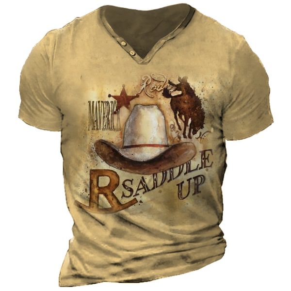 Men's Western Cowboy Vintage Print V-Neck Short Sleeves