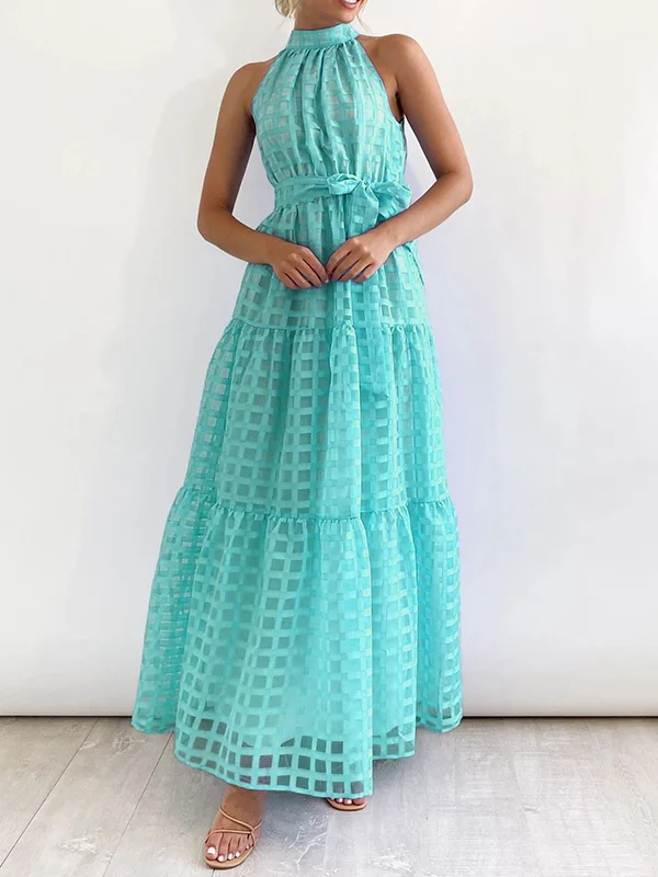 A-Line Flared Sleeves Abstract Printed Contrast Color Hollow Line Split-Joint Stand Collar Maxi Dresses