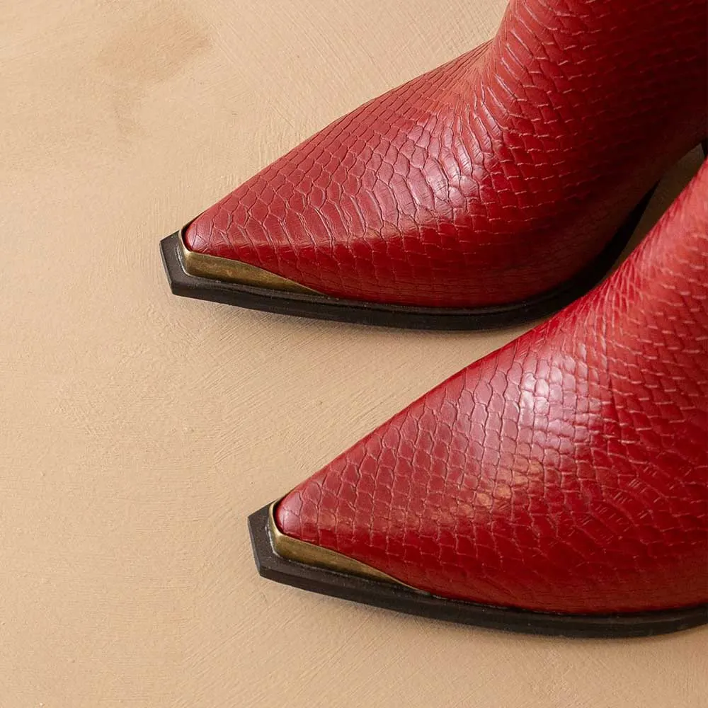Red Snip Toe Chunky Heel Snake Embossed Zipper Western Boots for Women