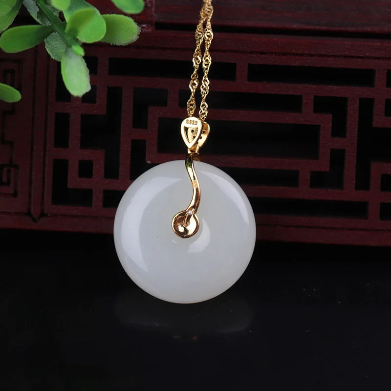 925 Sterling Silver White Jade Lotus Flower Leaf Protection Necklace Pendant