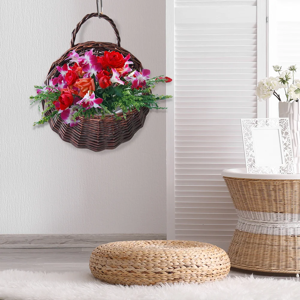 Wall Mount Wicker Flower Pot Hanging Woven Rattan Basket Decor (Dark Brown)