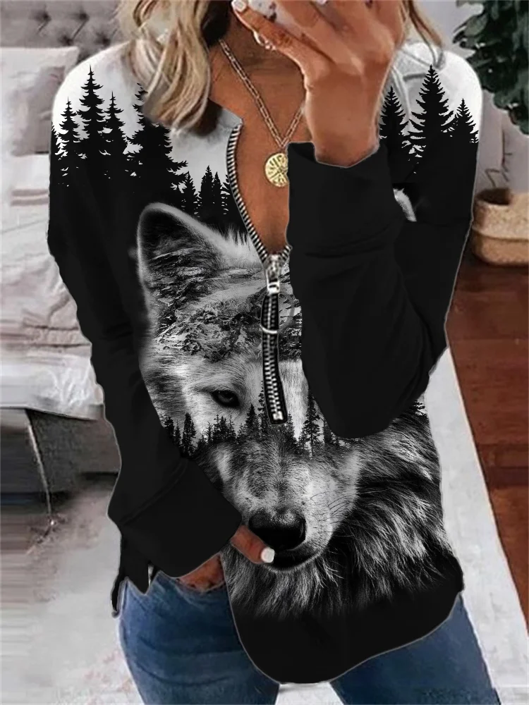 Wild Wolf Forest Contrast Long Sleeve Zip Sweatshirt