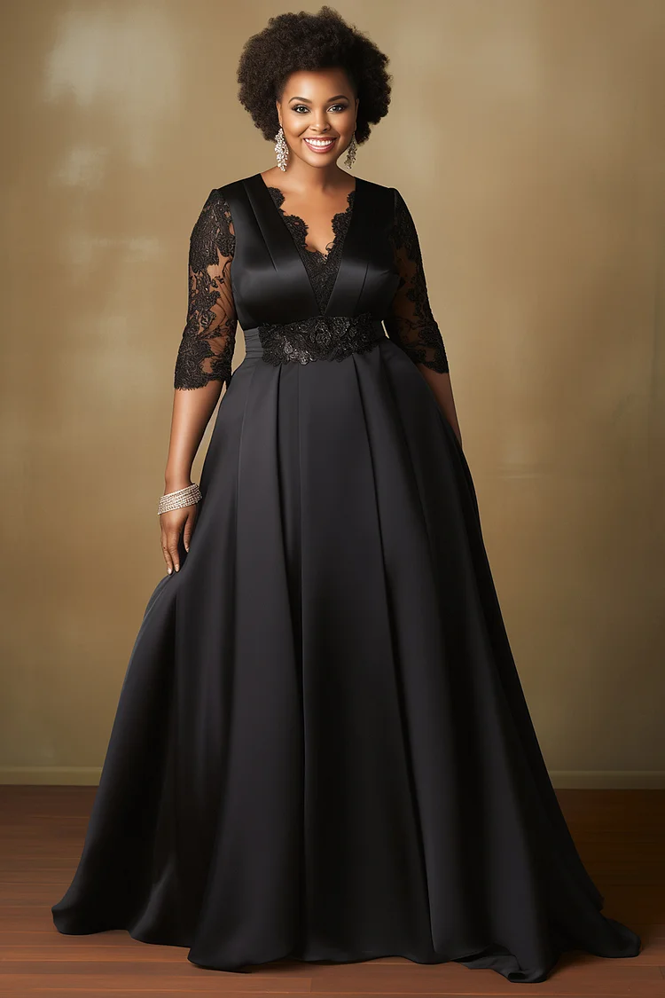 Xpluswear Design Plus Size Wedding Black V Neck Half Sleeve See Through Elegant Contrast Lace Satin Maxi Dresses [Pre-Order]