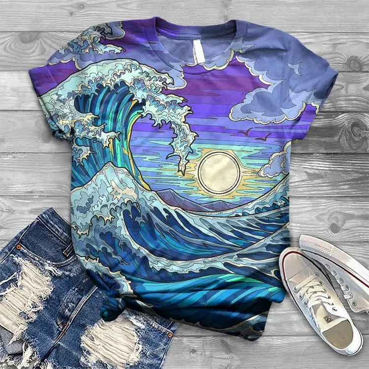 Seagull Red Sun Wave Print T-shirt