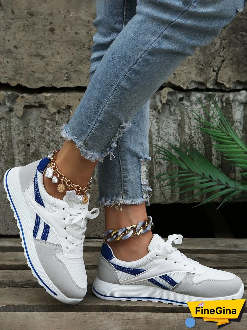 Color Block Sports All Season Split Joint Flat Heel Round Toe Fabric Fabric Lace-Up Sneakers for Women