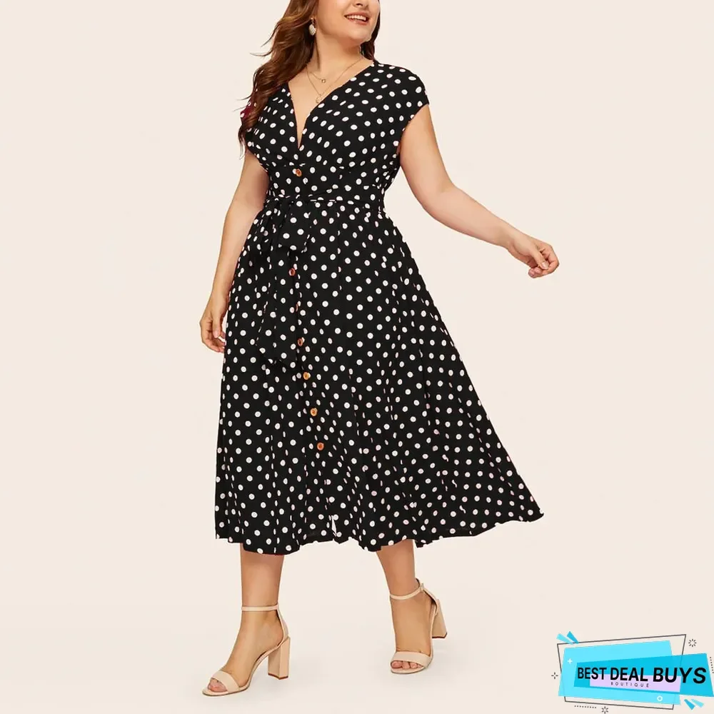 Women's Plus Size Polka Dot Dress Button Tie Waist V-Neck Skirt