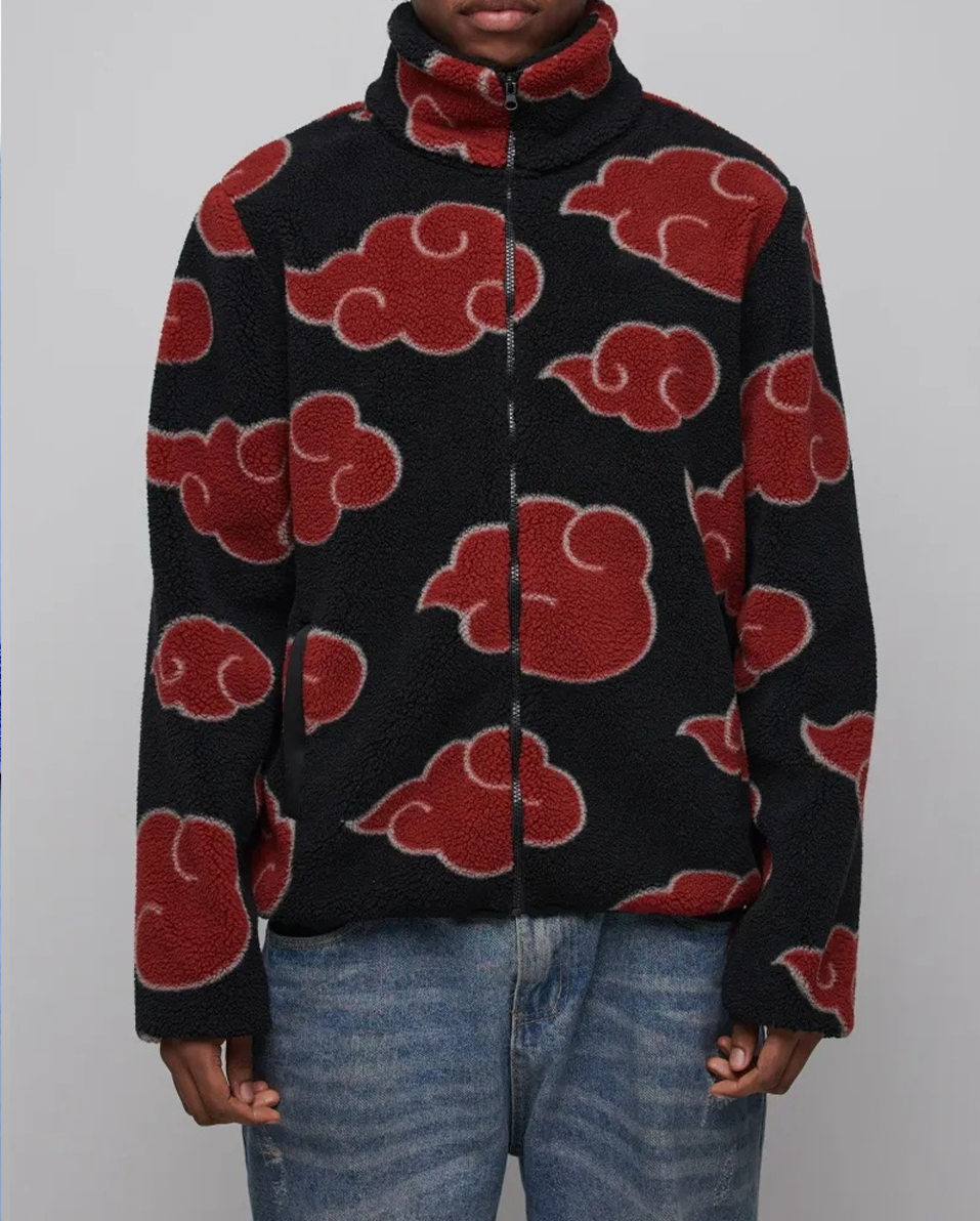 Naruto Shippuden Akatsuki Red Clouds Print Wool Zipper Jacket