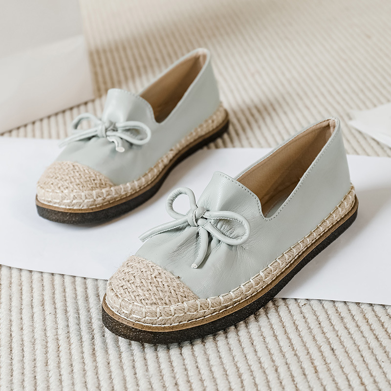 Women's High Quality Leather Bow Espadrille Flats Soft Comfortable Slip-On Shoes | ARKGET