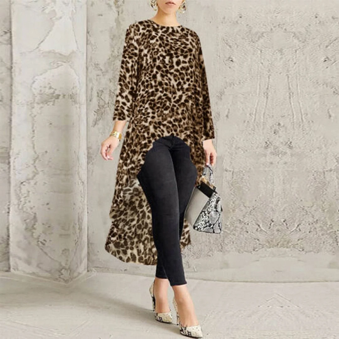 Plus Size Fashion High Low Leopard Blouse Shirt Loose Tops Casual Autumn Winter Ladies Female Women Long Sleeve Blusas Pullover
