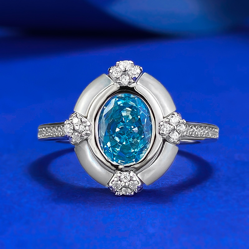 MIKAMU Jewelry S925 Silver Aquamarine High Carbon Diamond Ring for Women - 6x8mm, Elegant Simple Design, Perfect for Engagement