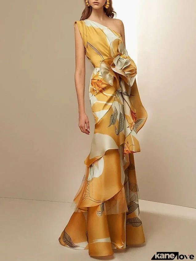 Prom Dress Party Dress Vintage Dress Long Dress Maxi Dress Yellow Sleeveless Print Ruffle Summer Spring Fall One Shoulder Vintage Birthday Summer Dress S M L XL 2XL for Women