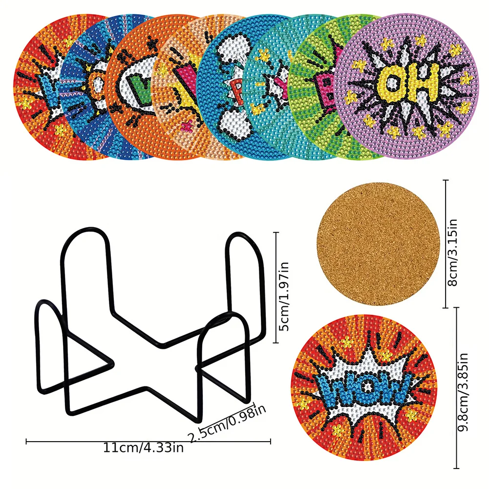 8pcs DIY Dynamic Word Picture Acrylic Diamond Art Coaster Kaleidoscope Round Diamond Painting DIY Coaster