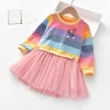 Kid Baby Girls Casual Long Sleeve Rainbow Striped Patchwork Mesh Dresses 2-8 Years