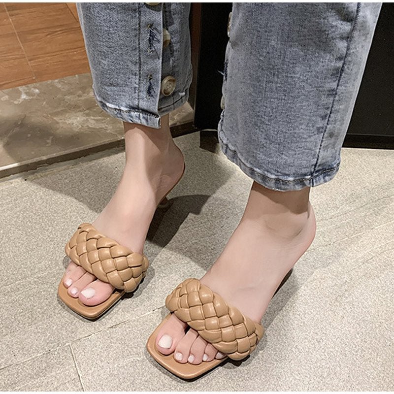 Women Slippers High Heels Chain PU Square Toe Fashion Woman Pumps Summer Sandals Outdoor Comfort Ladies Footwear New 2021