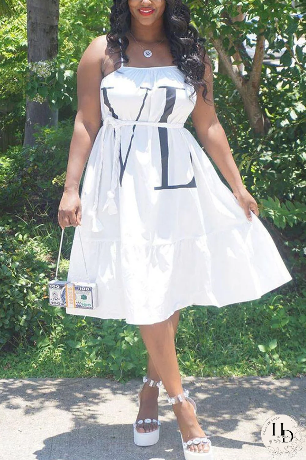 Black Fashion Off The Shoulder Sleeveless Slip Swagger Knee-Length Print Dresses