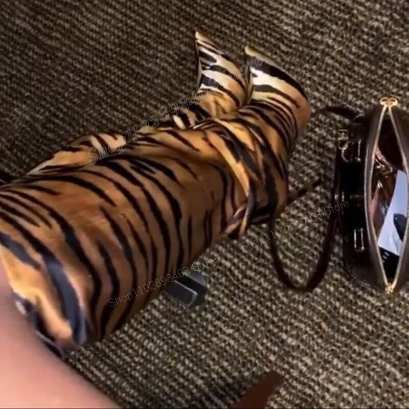 VCSHOES Brown Tiger Print Knee High Boots Mixed Color Satin Pointed Toe Thin High Heel Women Shoes Zapatos Para Mujere