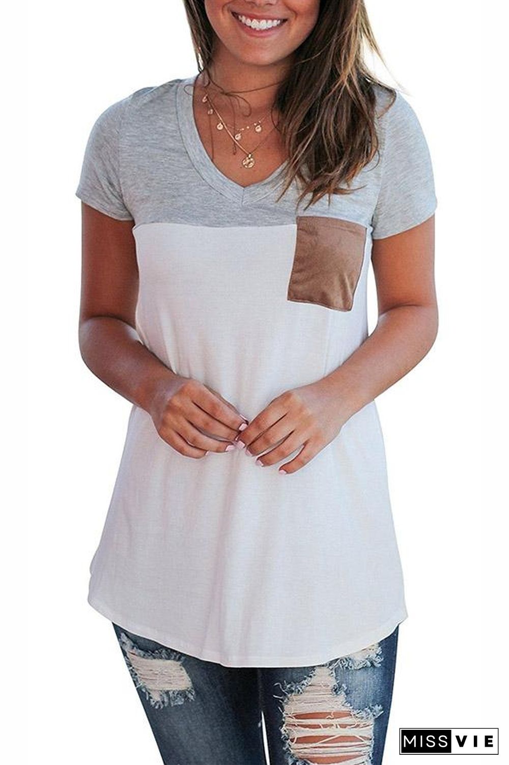 Mixed Color Pocket V Neck Top