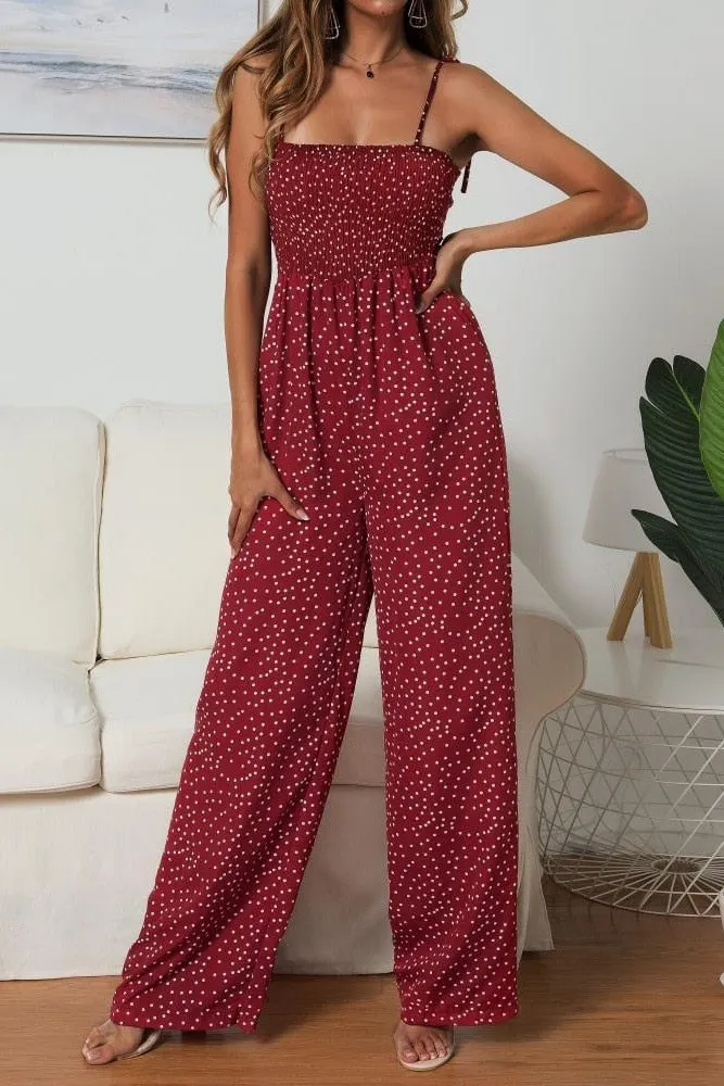Lossky Rompers Womens Jumpsuit Polka-dot Print Bow-knot Straps Wide-leg Pants Jumpsuit Boho Chi Loose Long Red Summer Jumpsuits