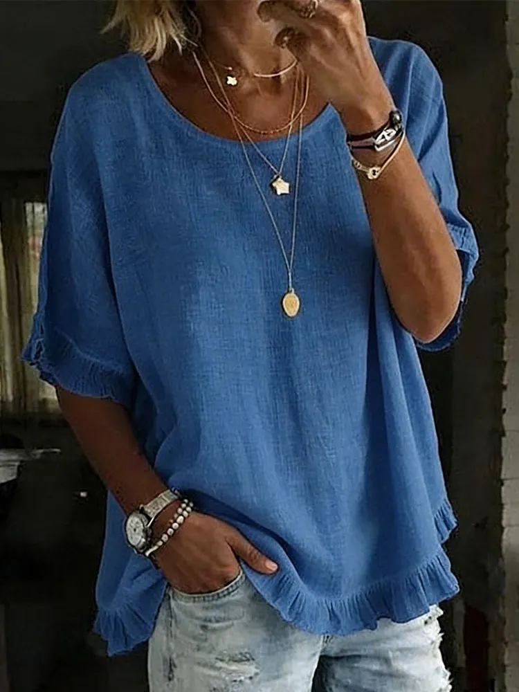 Women's Short-sleeved Round Neck Cotton Linen Solid Color Loose Shirt