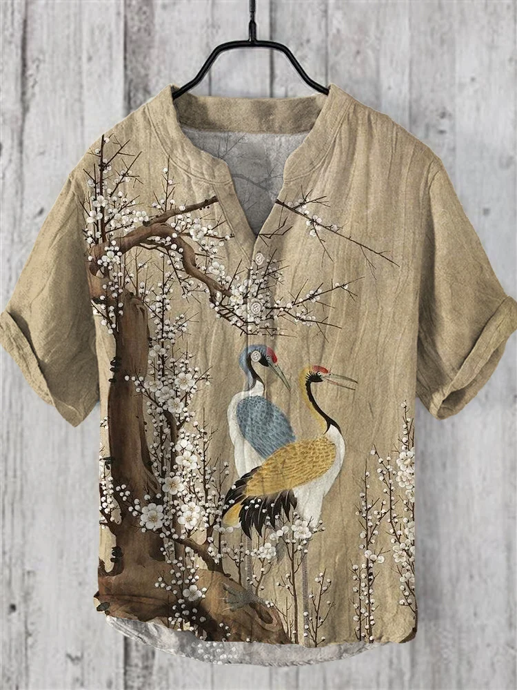 Japanese Couple Crane & Flower Vintage Linen V-Neck Shirt