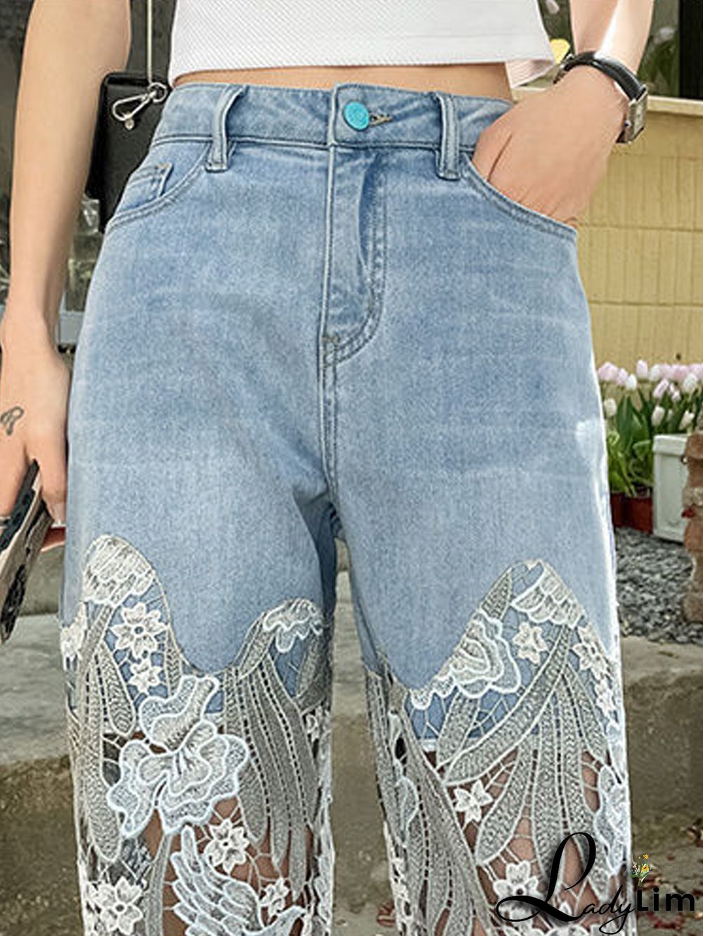 Daily Retro Floral Lace Patchwork Denim Straight Jeans