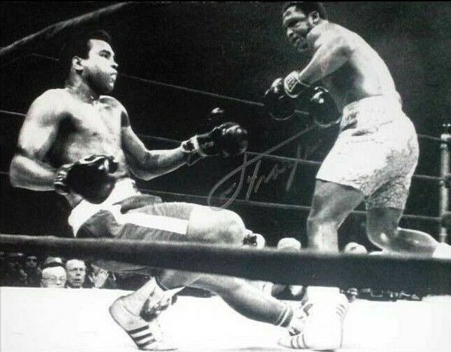 SMOKIN' JOE FRAZIER v MUHAMMAD ALI SIGNED 16x12 BOXING Photo Poster painting PROOF COA CHAMPIONS