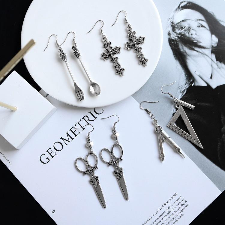 SPOON FORK TRIANGLE RULER STRAIGHT EDGE SCISSORS EARRINGS SET (4 Pairs)