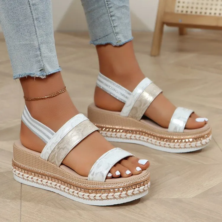 Yyvonne Summer New Large-Size Fish Mouth Buckle Slope Heel Sandals Women's Fashion Comfortable Thick-Soled Bright Face Women's Sandals