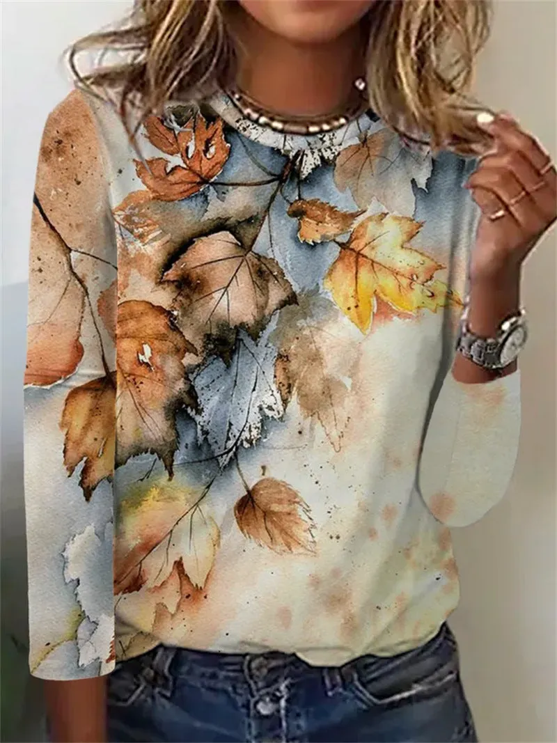 Women Long Sleeve Scoop Neck Floral Printed Tops