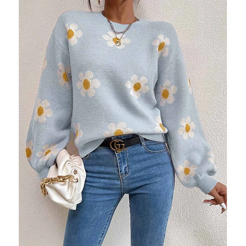 Wongn Wongn And Winter New Women's Fashion Sweater Long Sleeve Loose Knit Jumper Round Collar Small Autumn Chrysanthemum Women's Type Sweater