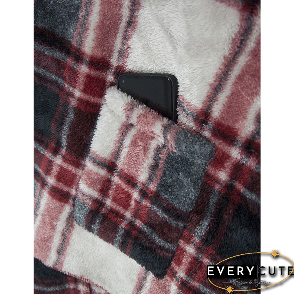 Red Plaid Print Plush Hooded 1/2 Sleeve Pocket Coat