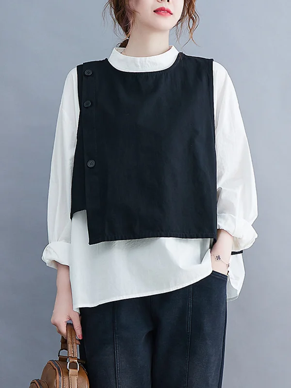 Original Stand Collar Long Sleeves T-Shirt Top&Buttoned Vest Outwear 2 Pieces Set