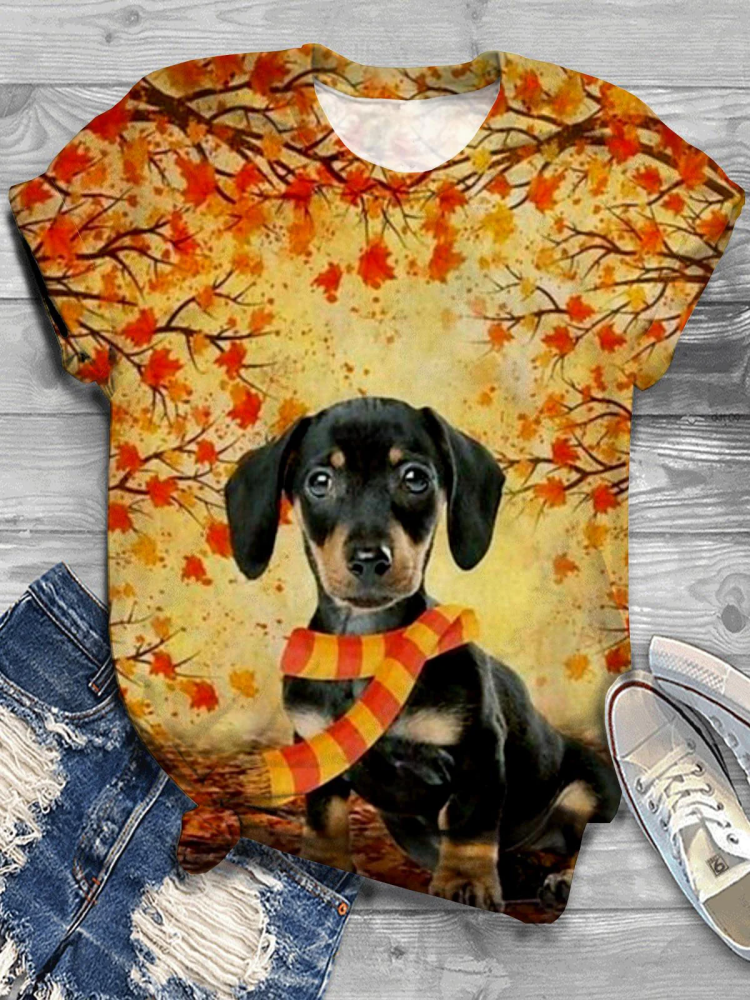 Fall Maple Leaf Dachshund Print Crew Neck T-Shirt