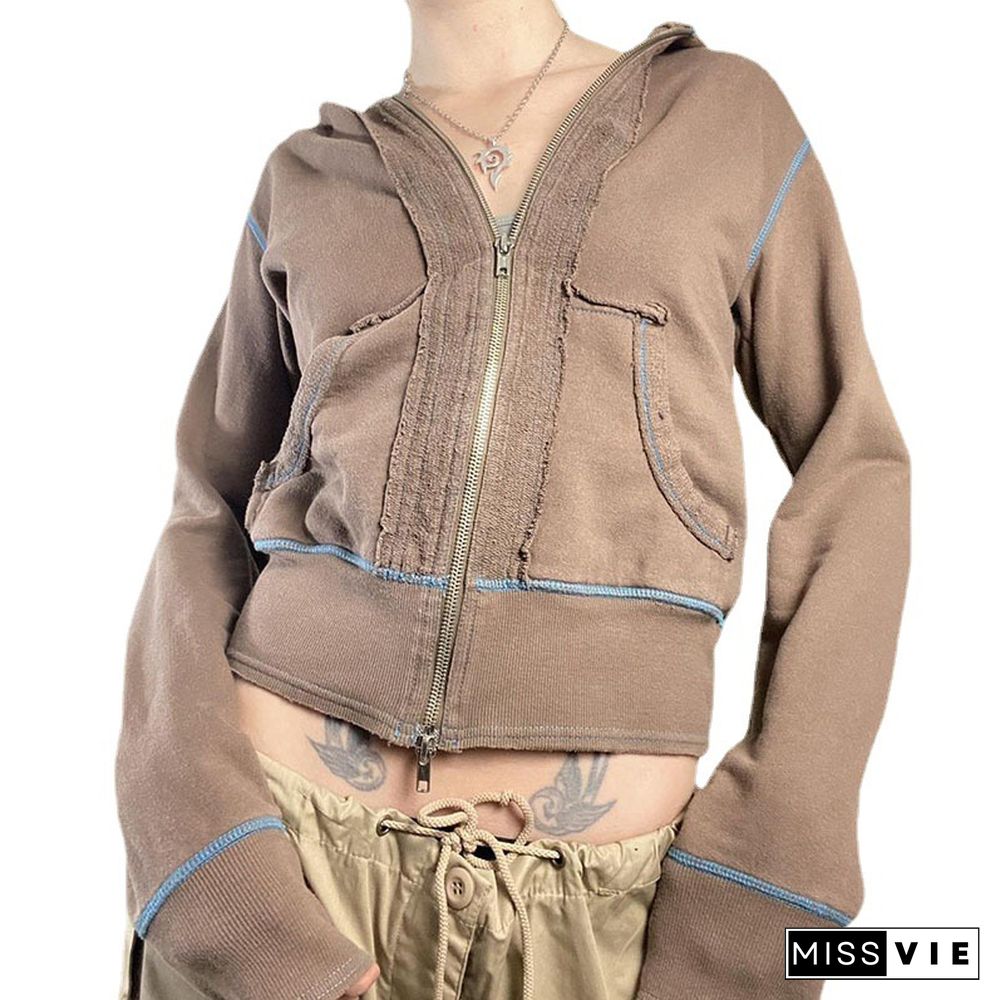 Vintage Sweatshirt Y2k Aesthetic Fairycore Grunge Zip Up Long Sleeve Tops With Pockets Hoodie Women Streetwear