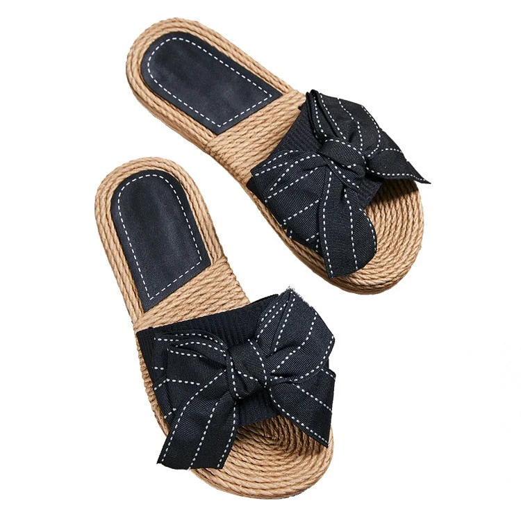 Women Summer Straw Beach Slippers Plus Size Shoes Female Striped Lattice Bow Flax Linen Flip Flops Beach Shoes Slippers hy444