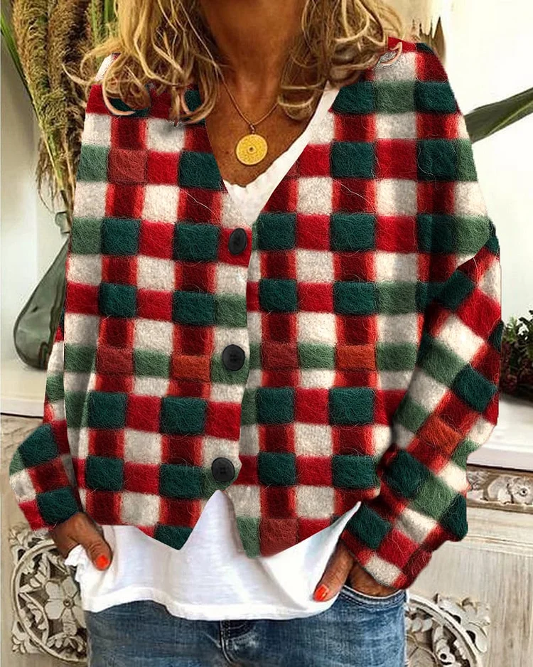 Women's Embroidered Christmas Print Casual Loose Button Flannel Cardigan