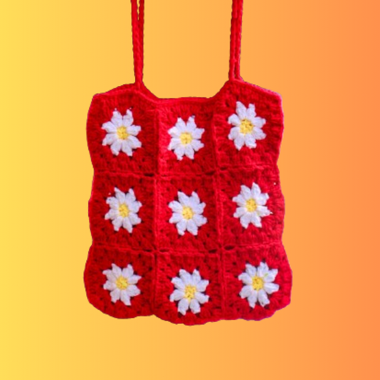 Lulusnow Handmade Red Granny Square Crochet Bag