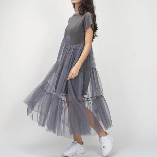 Pongl Summer Korean Splicing Pleated Tulle T shirt Dress Women Big Size Black Gray Color Clothes New Fashion 2020