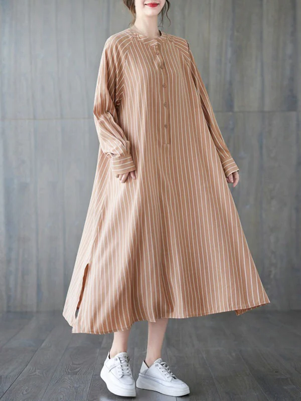 Long Sleeves Loose Buttoned Split-Side Striped Round-Neck Midi Dresses Shirt Dress