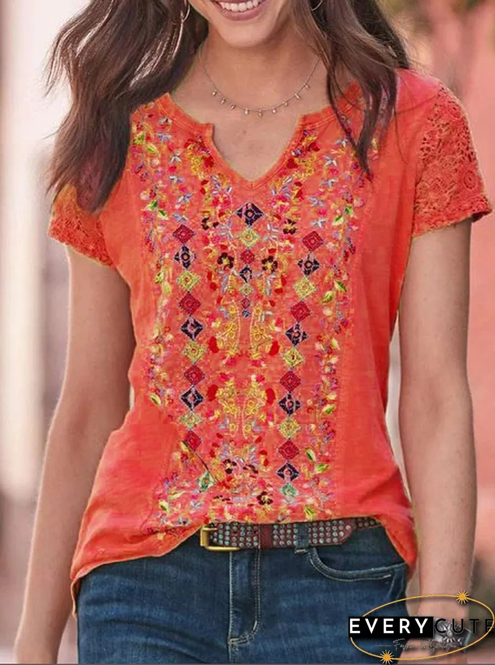 Women Vintage Boho Plain Crew Neck T-shirt