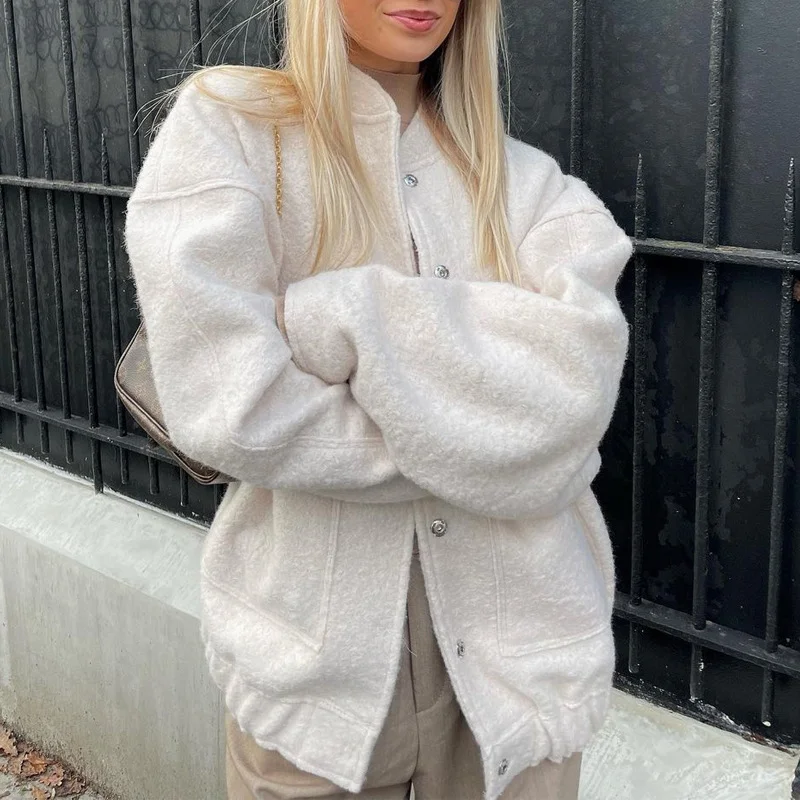 Uveng Uveng New Women's Casual Color Collar Single Buckle Large Pocket Loose Comfortable Long-Sleeved Jacket